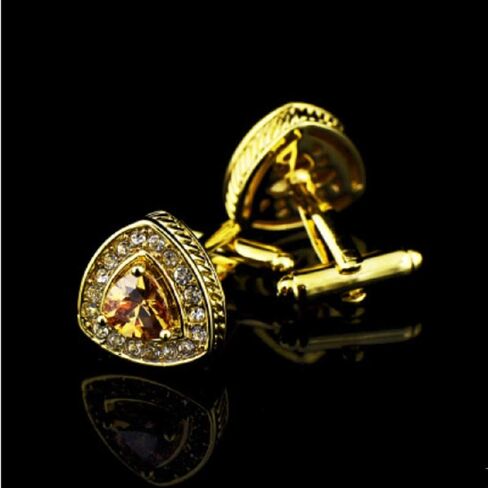 V & L Gold Crystal Cuff links Yellow – Fancy Unique Elegant Sparkling Luxury Gem Stone Cufflinks for men in Triangle - Perfect for Wedding, Formal, Suits, Business and Groom Cufflink in Saudi Arabia
