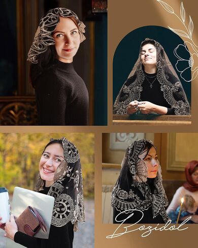 حجاب الكنيسة المثلث التقليدي من Bozidol - طراز إسباني مع وشاح مانتيلا من الدانتيل المطرز بالكأس المقدسة للنساء in Kuwait