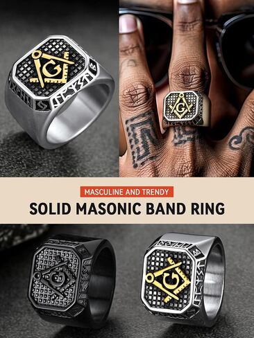 خواتم FaithHeart Masonic Signet للرجال، مجوهرات ماسونية من الفولاذ المقاوم للصدأ، حلقة إبهام لراكبي الدراجات النارية مع تغليف رقيق in Kuwait