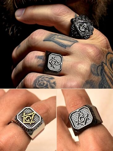 خواتم FaithHeart Masonic Signet للرجال، مجوهرات ماسونية من الفولاذ المقاوم للصدأ، حلقة إبهام لراكبي الدراجات النارية مع تغليف رقيق in Kuwait