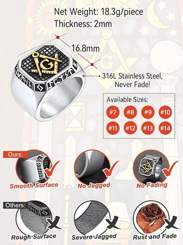 خواتم FaithHeart Masonic Signet للرجال، مجوهرات ماسونية من الفولاذ المقاوم للصدأ، حلقة إبهام لراكبي الدراجات النارية مع تغليف رقيق in Kuwait