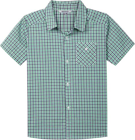 Bienzoe Boys Short Sleeve Shirt: Casual Button Down Cotton Plaid Kids Tops in Kuwait