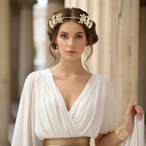 TRWWELL 5 قطع مجموعة إكسسوارات زي الآلهة اليونانية للنساء عصابة رأس على شكل أوراق يونانية وسوار ذراع علوي وسوار من اللؤلؤ المتدلي أقراط ذهبية مجموعة مجوهرات لتزيين حفلات الزفاف والهالوين in Kuwait