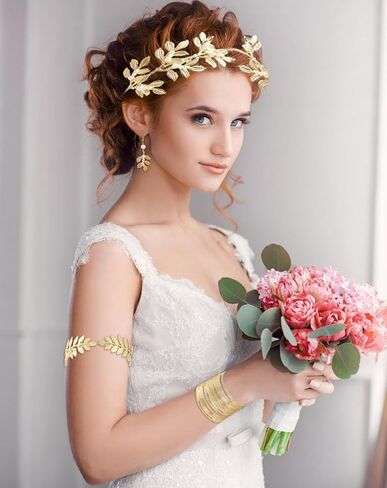 TRWWELL 5 قطع مجموعة إكسسوارات زي الآلهة اليونانية للنساء عصابة رأس على شكل أوراق يونانية وسوار ذراع علوي وسوار من اللؤلؤ المتدلي أقراط ذهبية مجموعة مجوهرات لتزيين حفلات الزفاف والهالوين in Kuwait