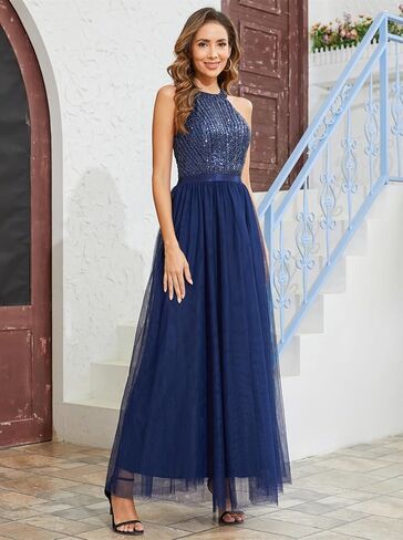 Tidnesslife 2023 فستان ترتر هالتر للنساء مثير بريق مطرز تول طويل فساتين حفلات الكوكتيل الزفاف in Kuwait