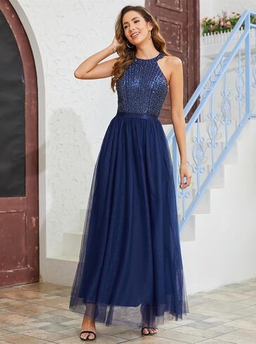 Tidnesslife 2023 فستان ترتر هالتر للنساء مثير بريق مطرز تول طويل فساتين حفلات الكوكتيل الزفاف in Kuwait