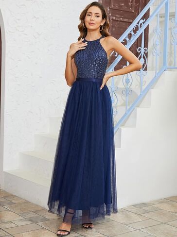 Tidnesslife 2023 فستان ترتر هالتر للنساء مثير بريق مطرز تول طويل فساتين حفلات الكوكتيل الزفاف in Kuwait