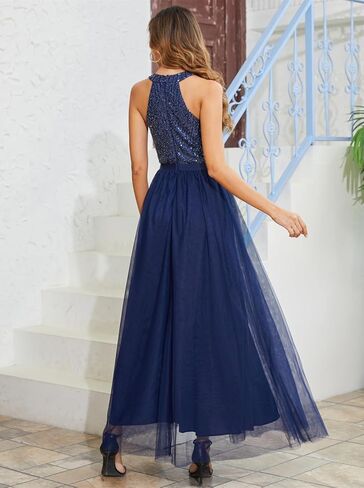 Tidnesslife 2023 فستان ترتر هالتر للنساء مثير بريق مطرز تول طويل فساتين حفلات الكوكتيل الزفاف in Kuwait