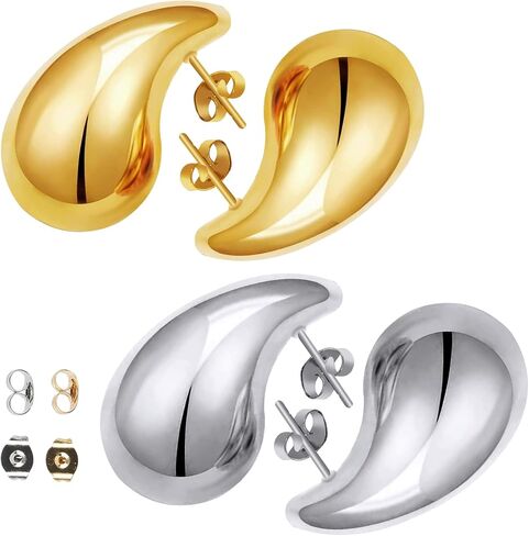 Women's Teardrop Earrings Set - 18K Gold Plated Women's Hoop Earrings, Hypoallergenic Stainless Steel Earrings, Perfect for Gifts (Gold + Silver) in Kuwait
