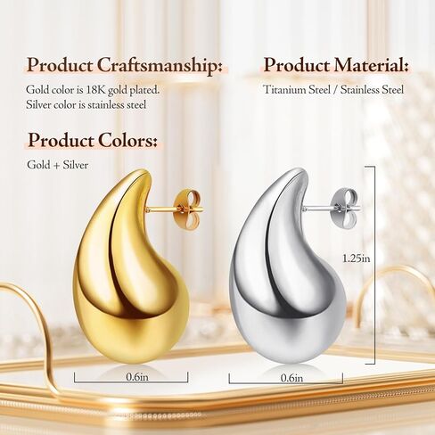 Women's Teardrop Earrings Set - 18K Gold Plated Women's Hoop Earrings, Hypoallergenic Stainless Steel Earrings, Perfect for Gifts (Gold + Silver) in Kuwait