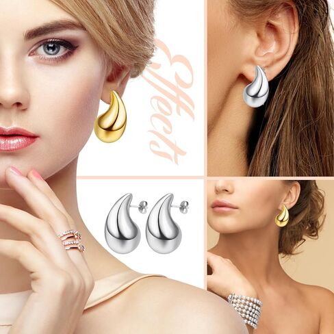 Women's Teardrop Earrings Set - 18K Gold Plated Women's Hoop Earrings, Hypoallergenic Stainless Steel Earrings, Perfect for Gifts (Gold + Silver) in Kuwait