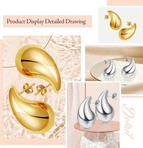 Women's Teardrop Earrings Set - 18K Gold Plated Women's Hoop Earrings, Hypoallergenic Stainless Steel Earrings, Perfect for Gifts (Gold + Silver) in Kuwait