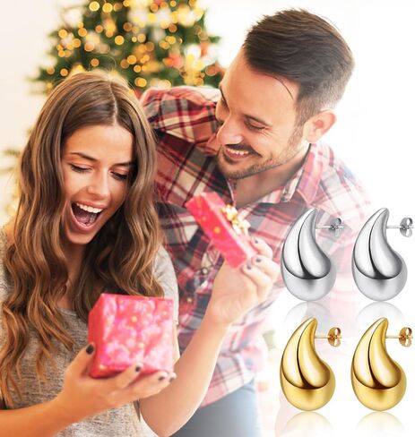 Women's Teardrop Earrings Set - 18K Gold Plated Women's Hoop Earrings, Hypoallergenic Stainless Steel Earrings, Perfect for Gifts (Gold + Silver) in Kuwait