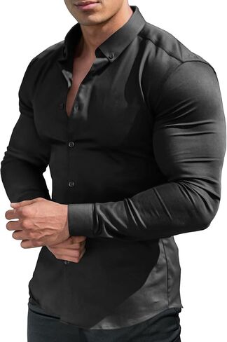 URRU Men's Muscle Dress Shirts Slim Fit Stretch Long&Short Sleeve Casual Button Down Shirt in Kuwait