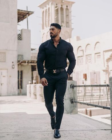 URRU Men's Muscle Dress Shirts Slim Fit Stretch Long&Short Sleeve Casual Button Down Shirt in Kuwait