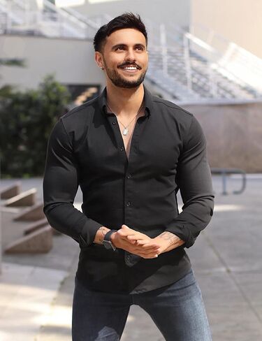 URRU Men's Muscle Dress Shirts Slim Fit Stretch Long&Short Sleeve Casual Button Down Shirt in Kuwait