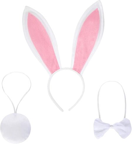 مجموعة من 3 قطع من عصابة رأس أرنب عيد الفصح من جيالوين، عصابة رأس من القطيفة على شكل آذان أرنب وربطة رأس وحفلات ذيل وإكسسوارات أزياء الهالوين (أبيض/وردي) in Kuwait