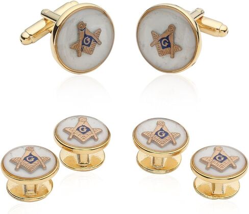 Cuff-Daddy Mens White Freemason Cufflinks for Men with Shirt Studs | Masonic Tuxedo Formal Set Enamel Cufflinks and Studs with Travel Presentation Gift Box for Wedding Party Groomsmen Groom in Saudi Arabia