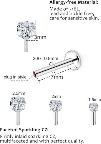 Xwnskvvz 20G 18G حلقات دفع بدون خيوط في الأنف ترصيع من الفولاذ الجراحي مسمار الأنف 1.5 مم 2 مم 2.5 مم 3 مم دائري/نجمة/قلب كريستال ثقب الأنف للنساء والرجال in Kuwait