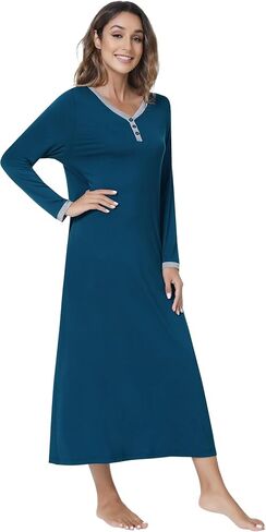 NACHILA Women's Nightgown Bamboo Sleepshirts Long Sleeve Sleepwear Full Length Henley Sleep Dress S-4XL in Kuwait