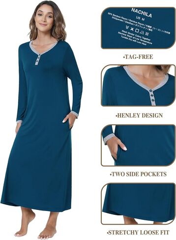 NACHILA Women's Nightgown Bamboo Sleepshirts Long Sleeve Sleepwear Full Length Henley Sleep Dress S-4XL in Kuwait