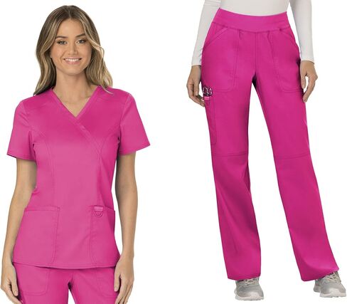 مجموعة ملابس العمل النسائية من Cherokee Revolution WW610 Mock Wrap Top & WW110 منتصف الارتفاع مستقيم الساق سحب على بانت، وردي كهربائي - XS Top / XS Pant in Kuwait