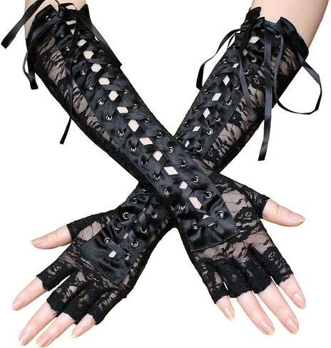 Kakaco Fingerless Lace Up Gloves Elbow Long Gloves Black Lace Gloves Rave Party Gloves Costume for Women and Girls in Saudi Arabia