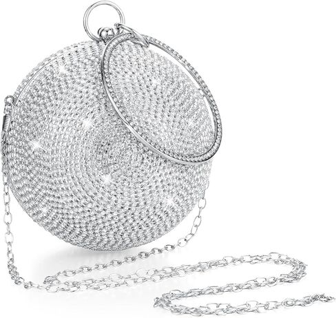 Saintrygo Women Crystal Tassel Clutch Purse Rhinestone Evening Hand Bags with Long Chain for Wedding Engagement Party (Silver, Round Shape) in Saudi Arabia
