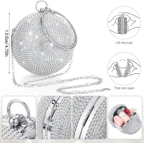Saintrygo Women Crystal Tassel Clutch Purse Rhinestone Evening Hand Bags with Long Chain for Wedding Engagement Party (Silver, Round Shape) in Saudi Arabia