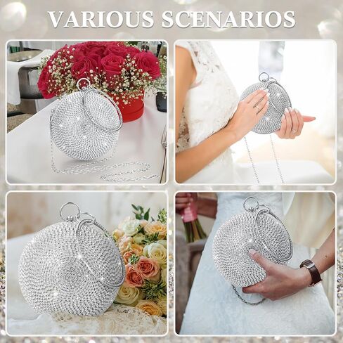 Saintrygo Women Crystal Tassel Clutch Purse Rhinestone Evening Hand Bags with Long Chain for Wedding Engagement Party (Silver, Round Shape) in Saudi Arabia
