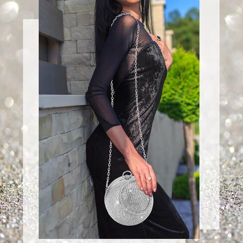 Saintrygo Women Crystal Tassel Clutch Purse Rhinestone Evening Hand Bags with Long Chain for Wedding Engagement Party (Silver, Round Shape) in Saudi Arabia