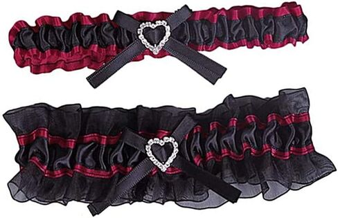 Yunyuebridal Bride's Wedding Bridal Garter Set Ruffle Satin Heart Crystal Bow Prom Leg Garter Belt 2-Piece in Kuwait