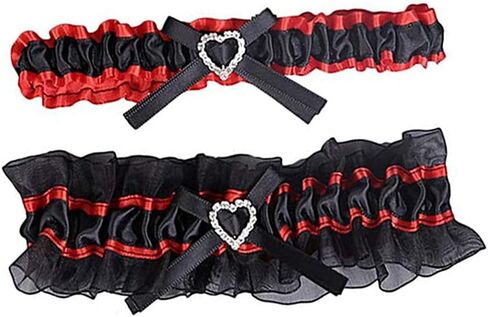 Yunyuebridal Bride's Wedding Bridal Garter Set Ruffle Satin Heart Crystal Bow Prom Leg Garter Belt 2-Piece in Kuwait