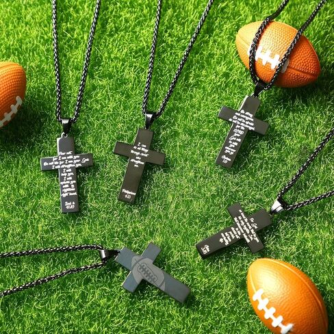 Siifert 12 Pcs Football Gift Football Cross Necklace for Boys Stainless Steel Bible Verse Pendant with 24 Inch Chain Football Accessories Cross Jewelry for Men First Communion Baptism Sports Gift in Saudi Arabia