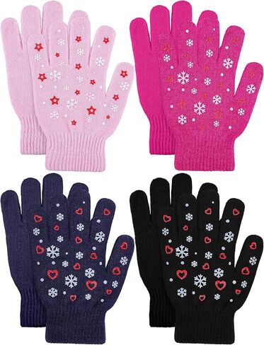 Cooraby 4 Pair Stretch Winter Kids Gloves Full Fingers Magic Gloves Winter Warm Student Knitted Gloves for Boys Girls Kids in Saudi Arabia
