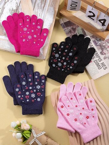 Cooraby 4 Pair Stretch Winter Kids Gloves Full Fingers Magic Gloves Winter Warm Student Knitted Gloves for Boys Girls Kids in Saudi Arabia
