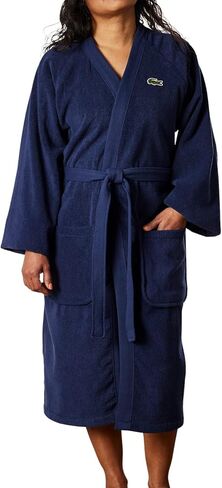 Lacoste Classic Pique 100% Cotton Bath Robe for Men & Women, One Size Fits Most, Black Iris in Saudi Arabia