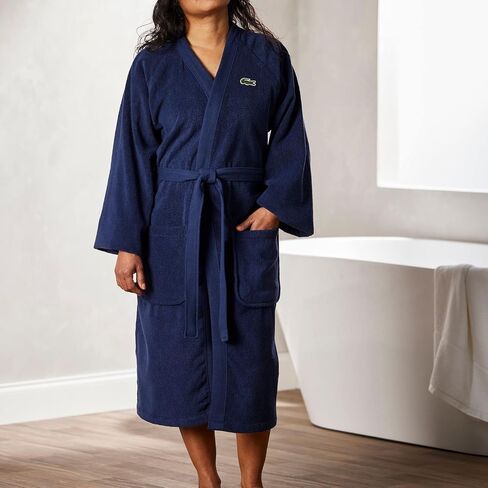 Lacoste Classic Pique 100% Cotton Bath Robe for Men & Women, One Size Fits Most, Black Iris in Saudi Arabia