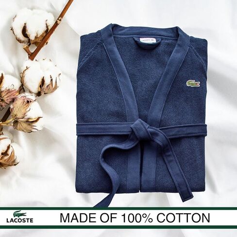 Lacoste Classic Pique 100% Cotton Bath Robe for Men & Women, One Size Fits Most, Black Iris in Saudi Arabia