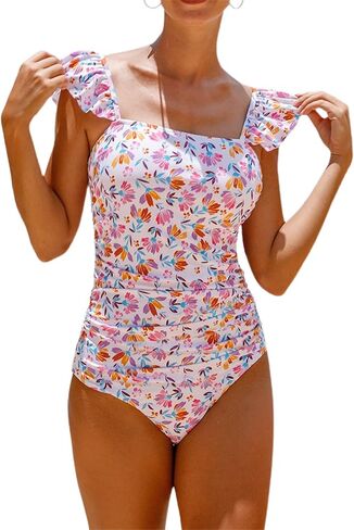 Hilinker Women's Ruffle Shoulder One Piece Bathing Suit Belted Leopard Color Block Swimsuit in Saudi Arabia