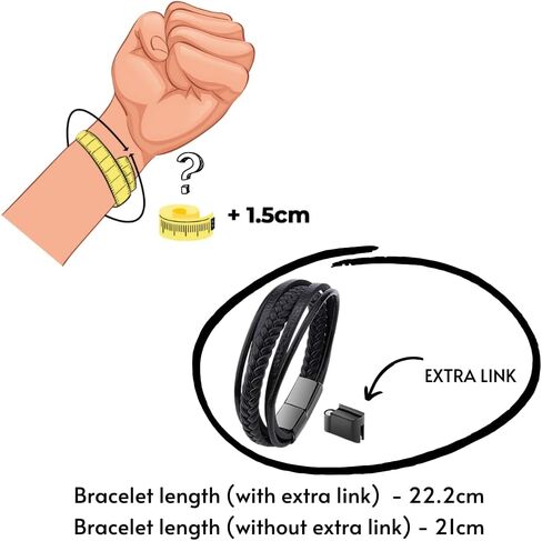 صندوق مجوهرات - سوار جلدي للرجال باللون الأسود، سوار معصم جلدي قابل للتعديل للرجال، قابل للتعديل 21-22.5 سم، جلد, Adjustable 21-22.5cm, جلد in Kuwait