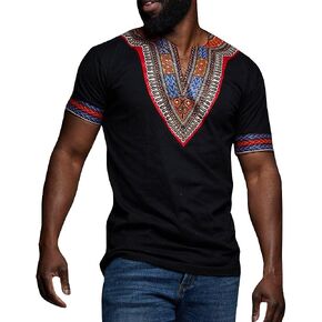 Makkrom Mens African Dashiki T Shirt Tribal Floral Print V Neck Slim Fit Shirts Tops
