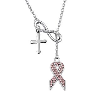 POTIY Breast Cancer Awareness Jewelry Pink Ribbon Breast Cancer Y Necklace with Cross Charm Gift for Christian Women Girls in Kuwait