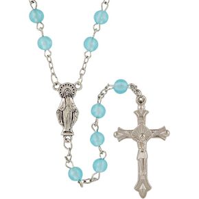 Catholic Rosary with Silver Tone Centerpiece and Crucifix with Light Blue Glass Beads, Glow in the Dark Prayer Bead Necklace for Women, Catholic Keepsakes for Mothers Day in Saudi Arabia