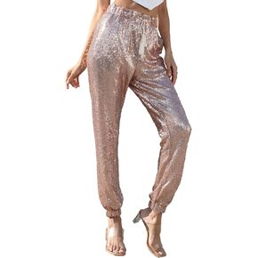 J&DHUASHA Womens Casual Sparkly Sequin Pants High Waist Glitter Joggers Pants Bling Party Skinny Pants