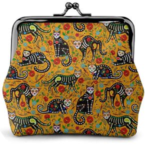 Mexican Sugar Skull And Black Cats Women's Leather Coin Purse, Small Change Pouch with Kiss-Lock Clasp Closure Buckle Wallet in Kuwait