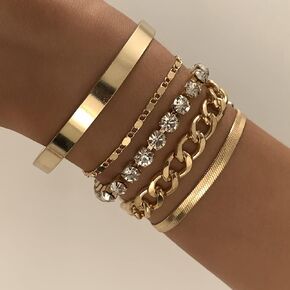 fxmimior boho الأزياء لذيذ بسيط الذهب سلسلة الراين تكويم أساور مجموعة للنساء قابل للتعديل مطرز مكتنزة شقة كابل سلسلة الشرير عملة أساور مجوهرات للنساء الفتيات هدية مجموعة من 5 (الذهب)