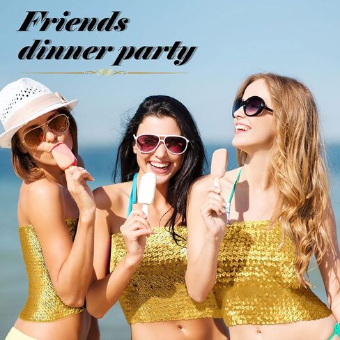 Women's Sparkly Sequin Crop Tops Strapless Metallic Tube Tops with Metal Mesh Drop Dangle Earrings for Party Clubwear (Gold) in Saudi Arabia