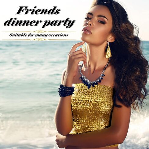 Women's Sparkly Sequin Crop Tops Strapless Metallic Tube Tops with Metal Mesh Drop Dangle Earrings for Party Clubwear (Gold) in Saudi Arabia