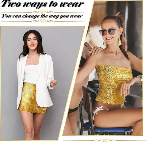 Women's Sparkly Sequin Crop Tops Strapless Metallic Tube Tops with Metal Mesh Drop Dangle Earrings for Party Clubwear (Gold) in Saudi Arabia
